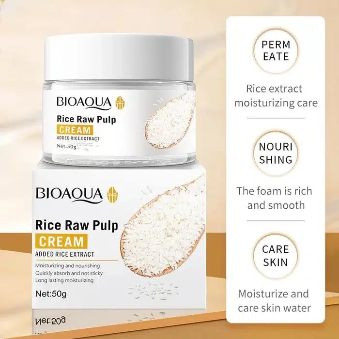 Bioaqua Rice Raw Pulp Cream 50g - jar with moisturizing feature callouts