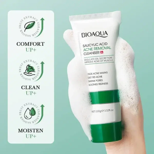 Bioaqua Salicylic Acid Cleanser 100g - cleanser foam in hand with comfort icons