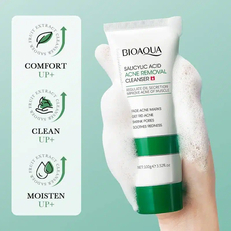 Bioaqua Salicylic Acid Cleanser 100g - cleanser foam in hand with comfort icons
