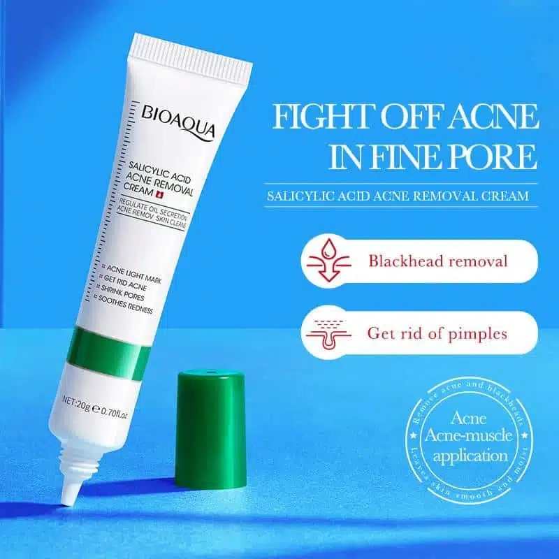 Bioaqua Salicylic Acid Cream 20g - salicylic acid cream tube on blue background