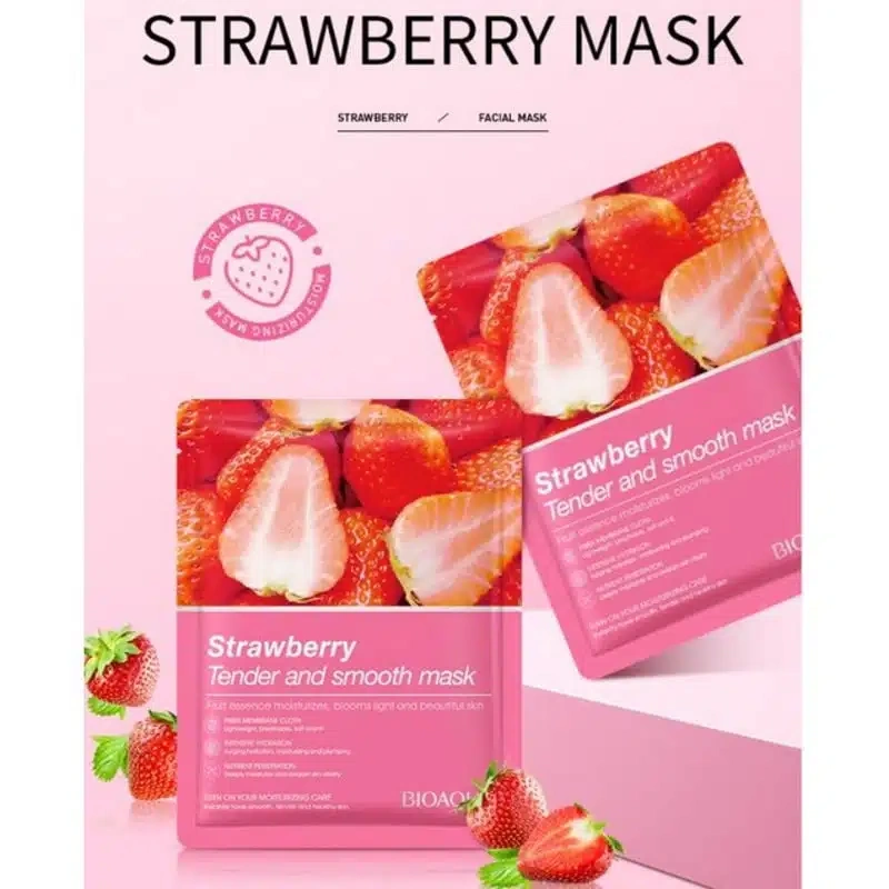 Bioaqua Strawberry Sheet Mask 25g - strawberry mask sachets styled shot