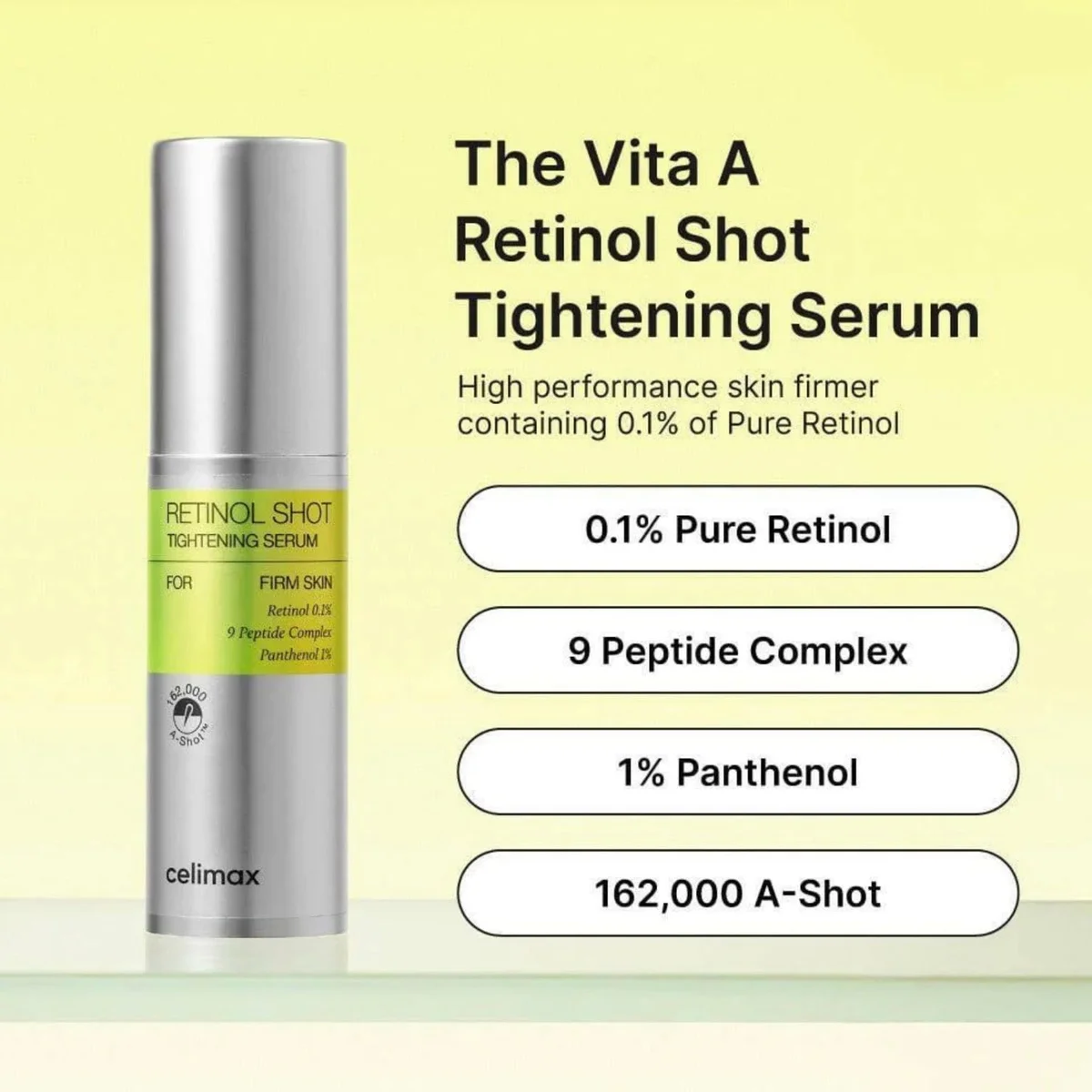Celimax Retinol Shot Tightening Serum with 0.1% pure retinol, 9 peptides and panthenol