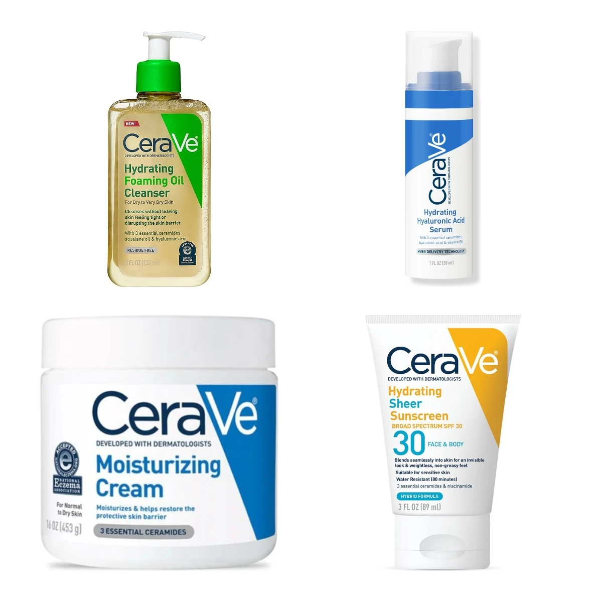 CeraVe Dry Skin Combo with cleanser, hyaluronic acid serum, moisturizing cream and SPF 30 sunscreen