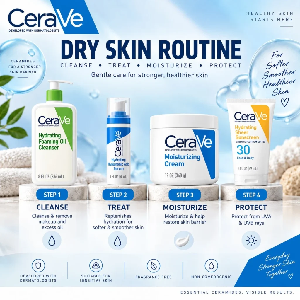 CeraVe Dry Skin Combo four-step routine: cleanser, hyaluronic acid serum, moisturizing cream 340 g and hydrating sheer sunscreen SPF 30