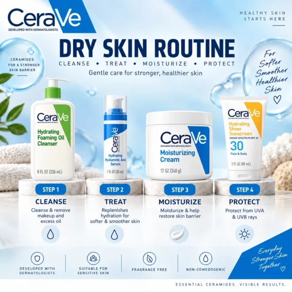 CeraVe Dry Skin Combo four-step routine: cleanser, hyaluronic acid serum, moisturizing cream 340 g and hydrating sheer sunscreen SPF 30