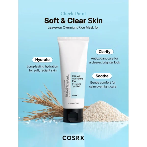 COSRX Ultimate Nourishing Rice Overnight Spa Mask key ingredients overview graphic