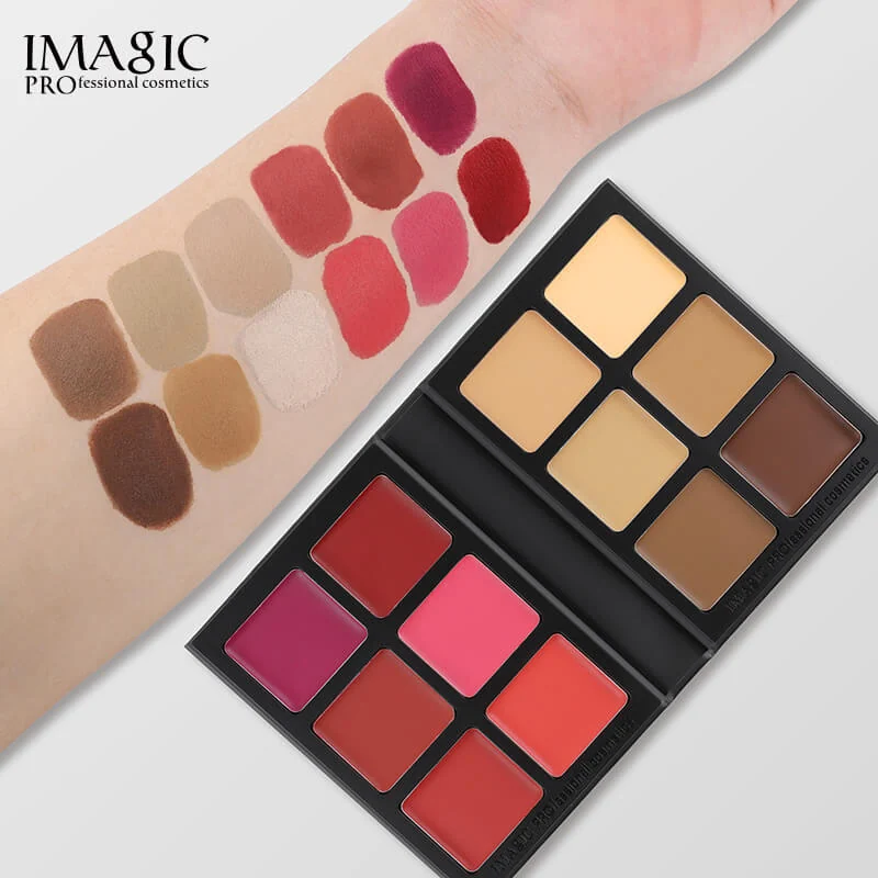 Imagic Multiuse Cream Foundation & Blush Palette swatched beside both palette halves