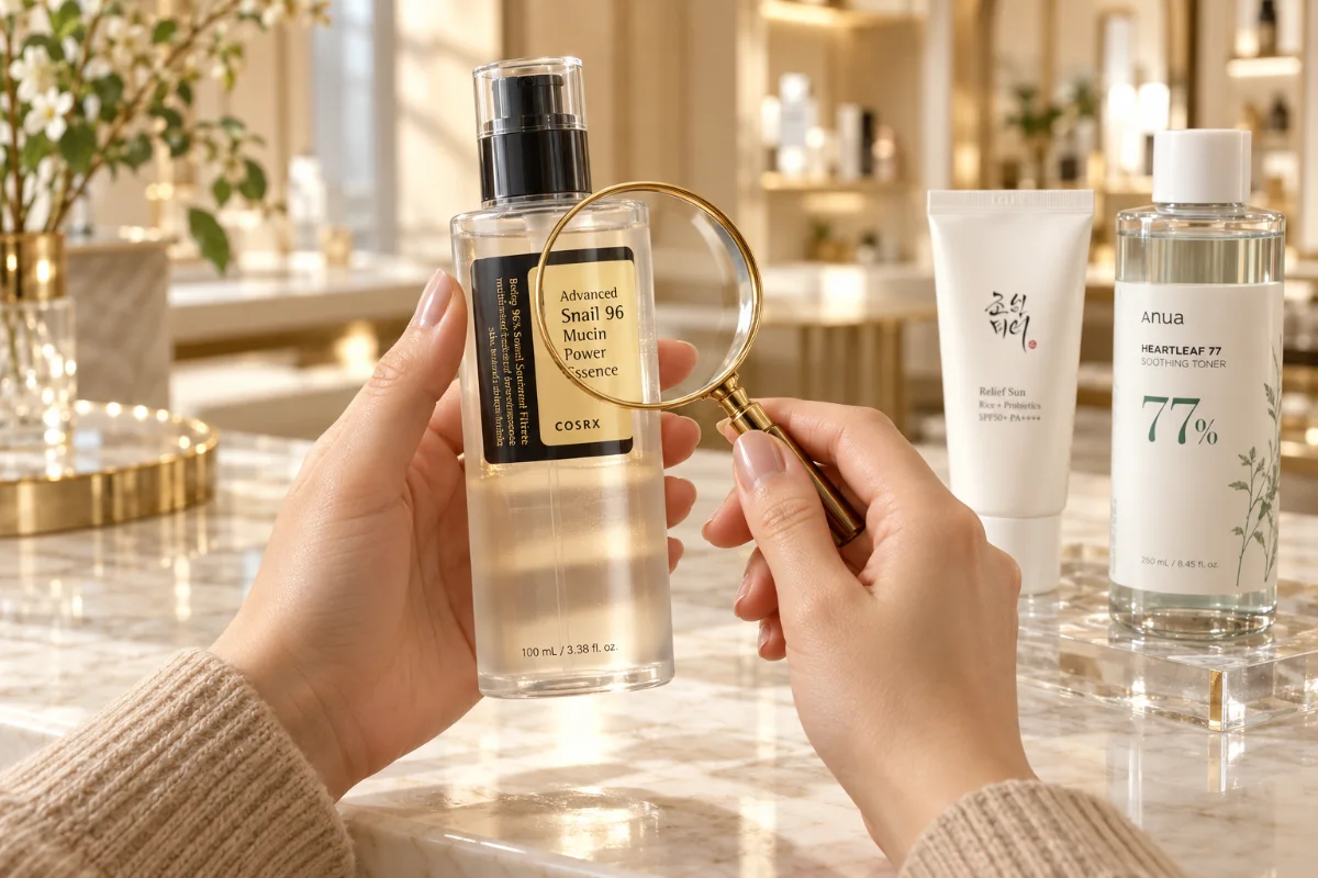 Checking a Korean skincare product label with a magnifying glass