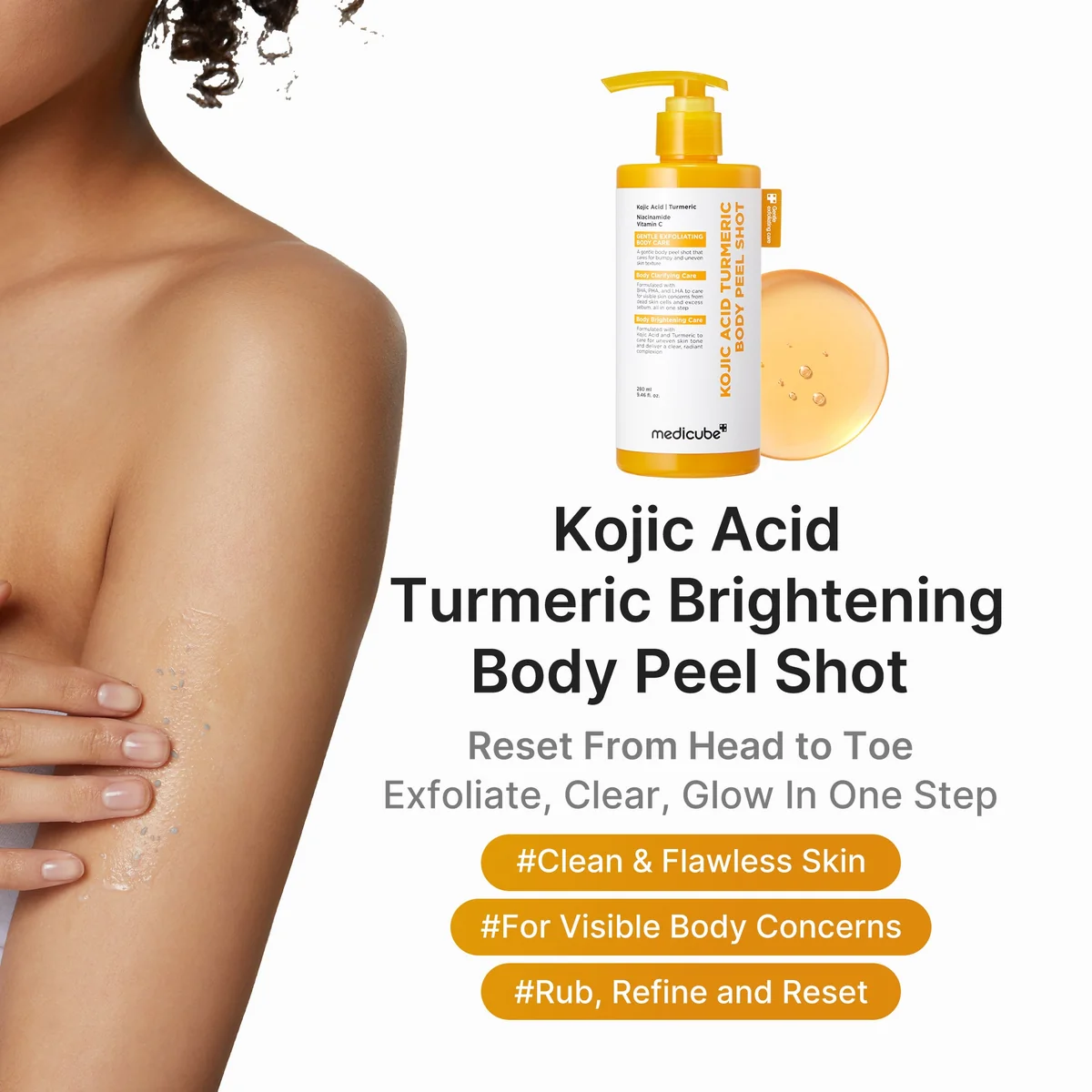Medicube Kojic Acid Turmeric Body Peel Shot application texture on arm