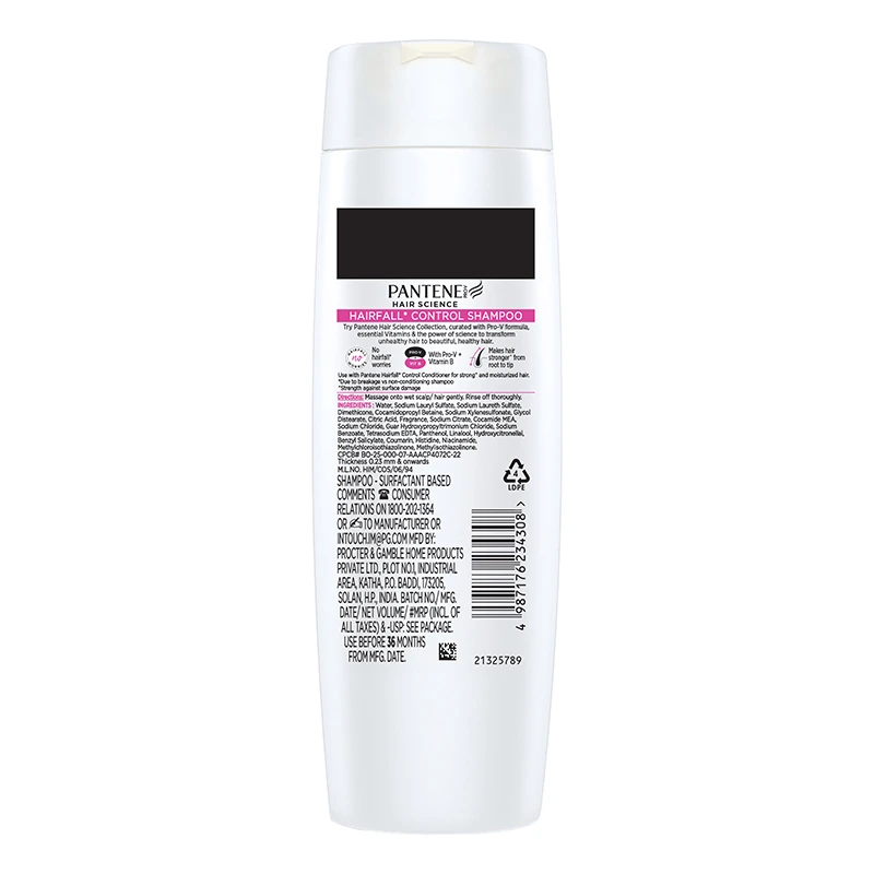 Pantene Hairfall Control Shampoo 340ml back label how to use