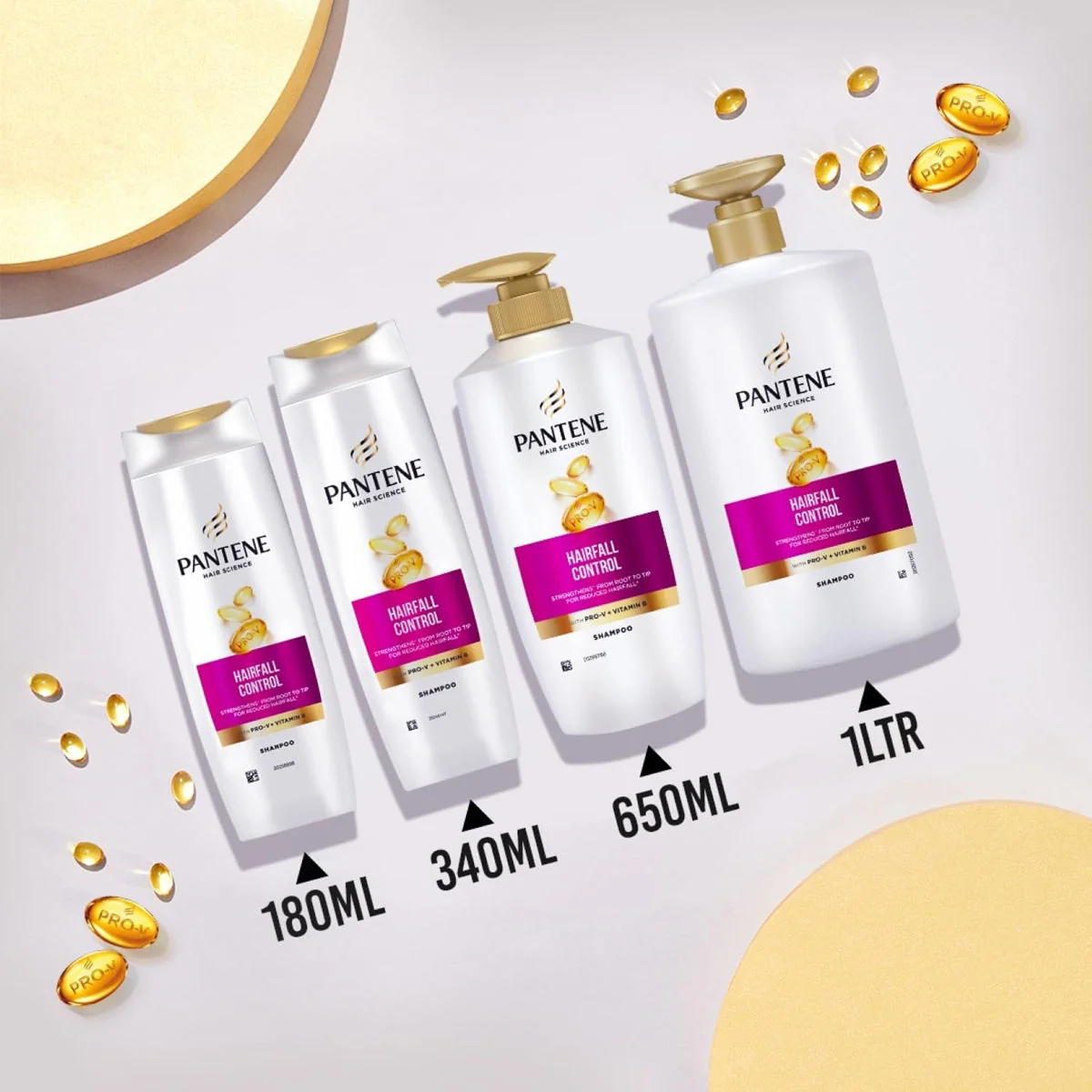 Pantene Hairfall Control Shampoo 340ml size among Hair Science bottles