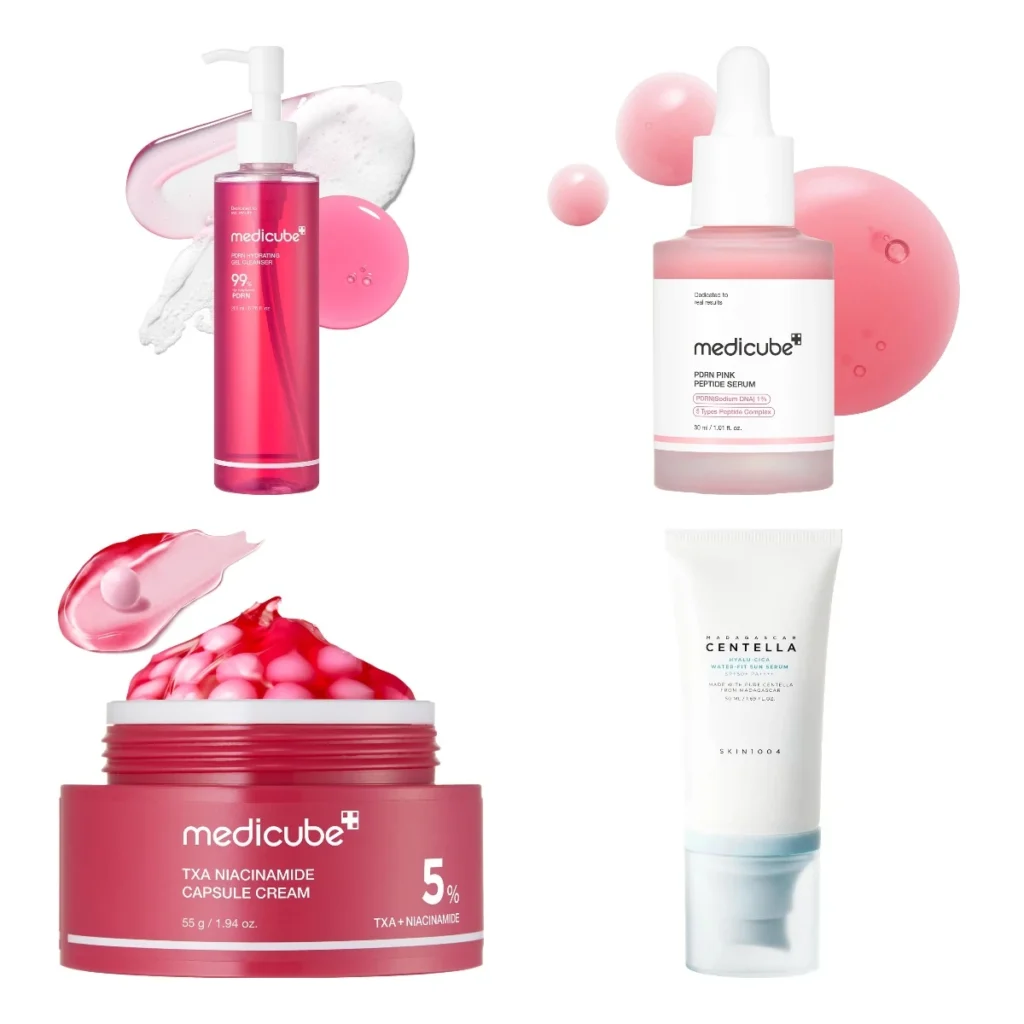 PDRN Starter Combo with four Medicube and SKIN1004 skincare products
