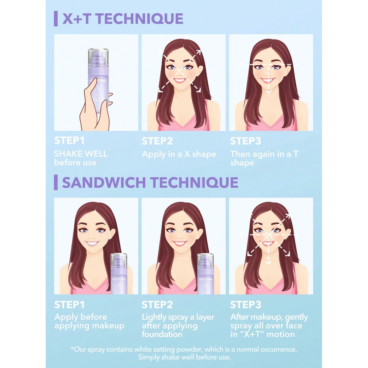 SHEGLAM Lock'd In Setting Spray how to apply X plus T and sandwich technique