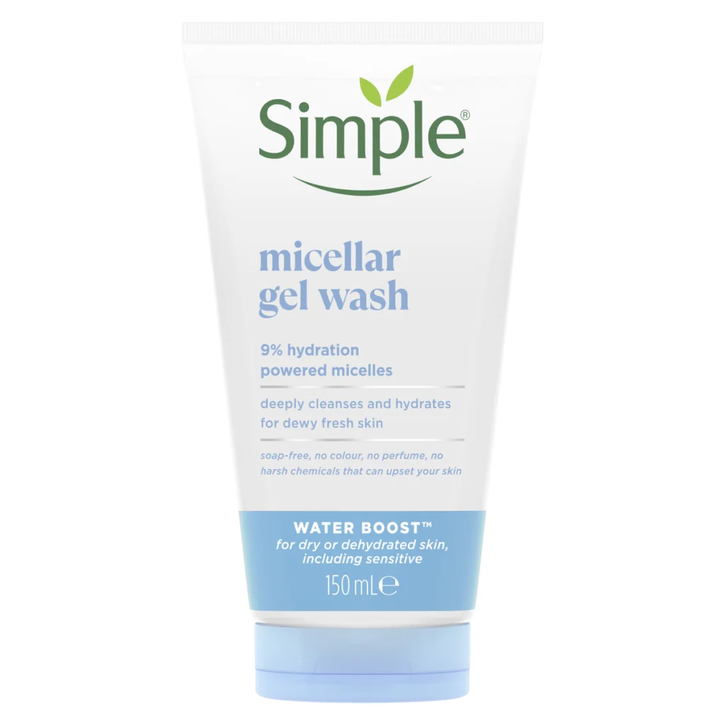 Simple Water Boost Micellar Gel Wash 150ml tube front with 9% hydration powered micelles