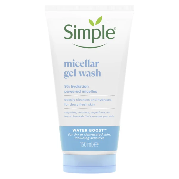 Simple Water Boost Micellar Gel Wash 150ml tube front with 9% hydration powered micelles