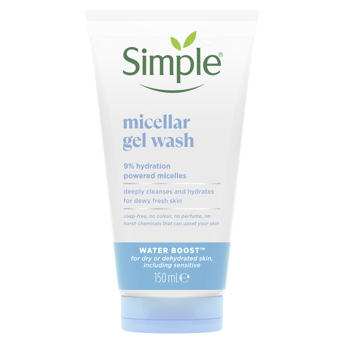 Simple Water Boost Micellar Gel Wash 150ml tube front with 9% hydration powered micelles