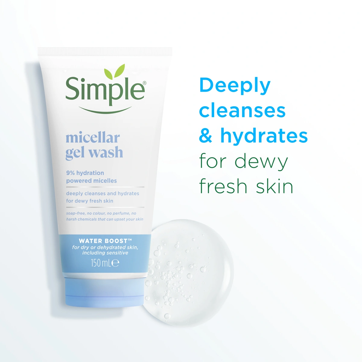 Simple Water Boost Micellar Gel Wash with gel texture droplet that deeply cleanses and hydrates