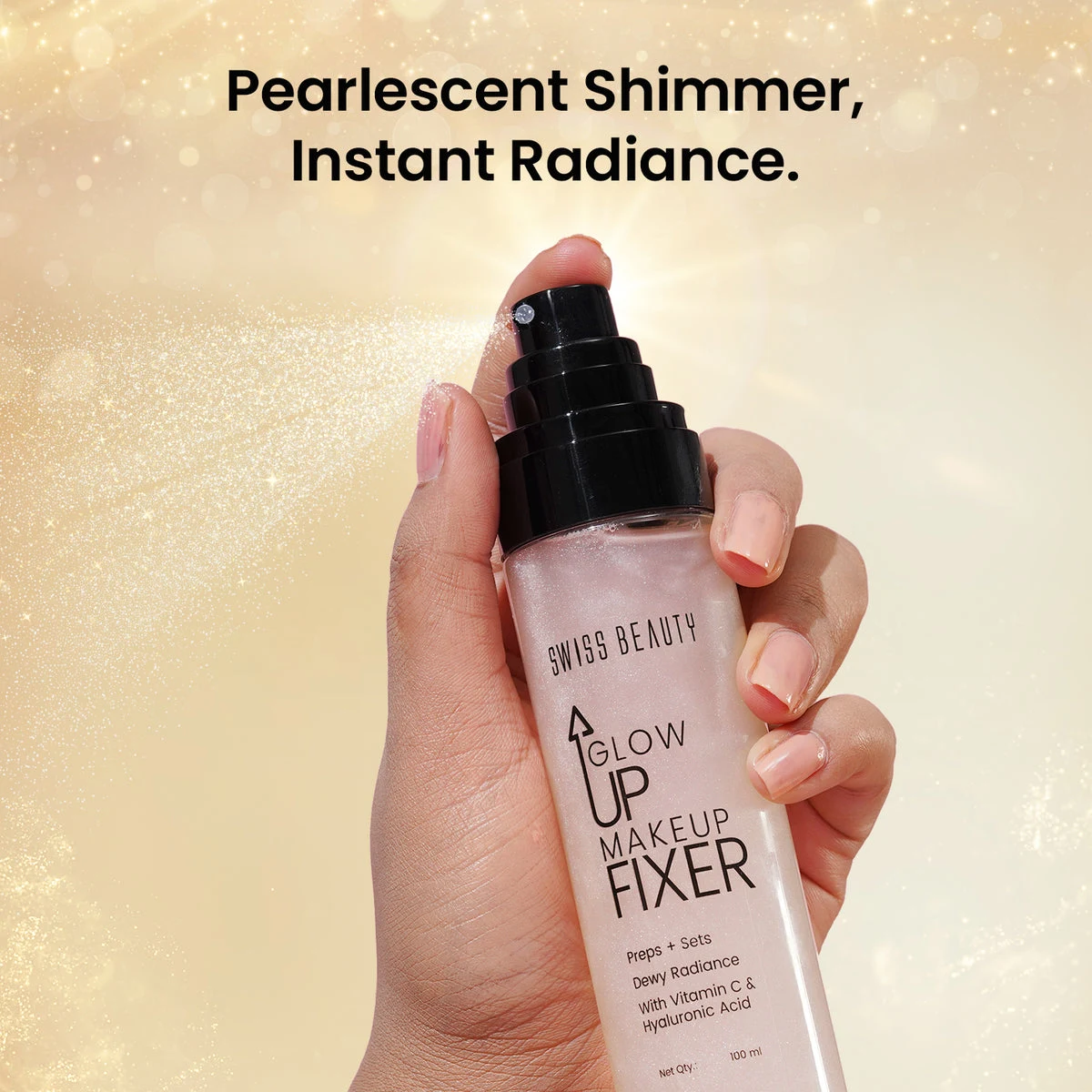 Swiss Beauty Glow Up Makeup Fixer pearlescent shimmer on hand