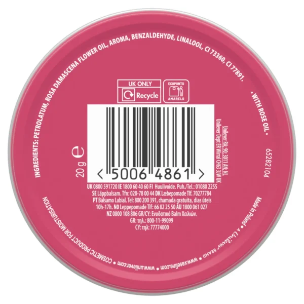 Vaseline Lip Therapy Rosy Lips 20g tin back label