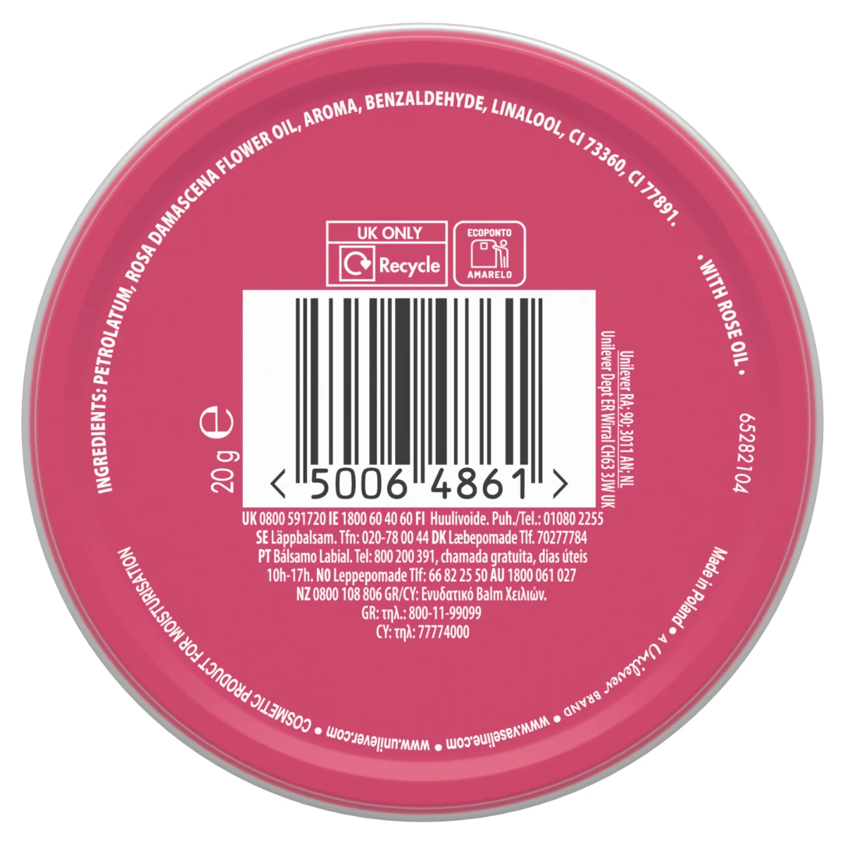 Vaseline Lip Therapy Rosy Lips 20g tin back label