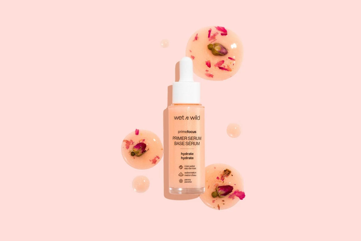 Wet n Wild Prime Focus Primer Serum styled with rose petals